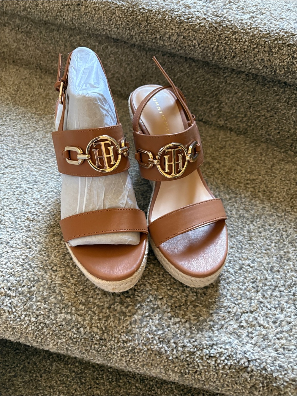 Tommy Hilfiger Tan Espadrille Wedge Sandals with Gold Logo